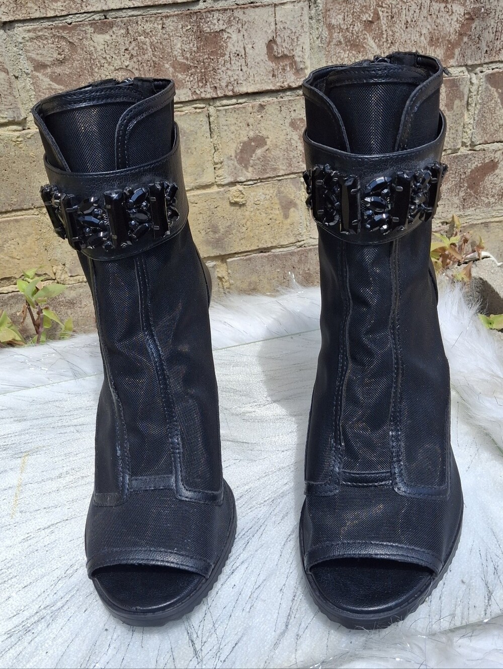 Karl Lagerfeld Black Sheer Mesh Jeweled Peep-Toe Stiletto Shoes Women Size 11 - Picture 4 of 16